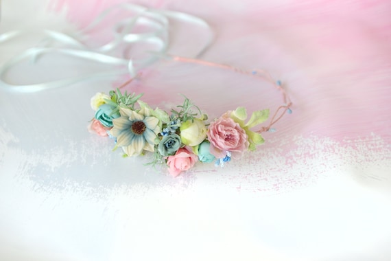 Corona Di Fiori Rosa E Fascia Da Polso Floreale Per Nozze – Set Blu, Fatto A Mano, Taglia Unica Regolabile