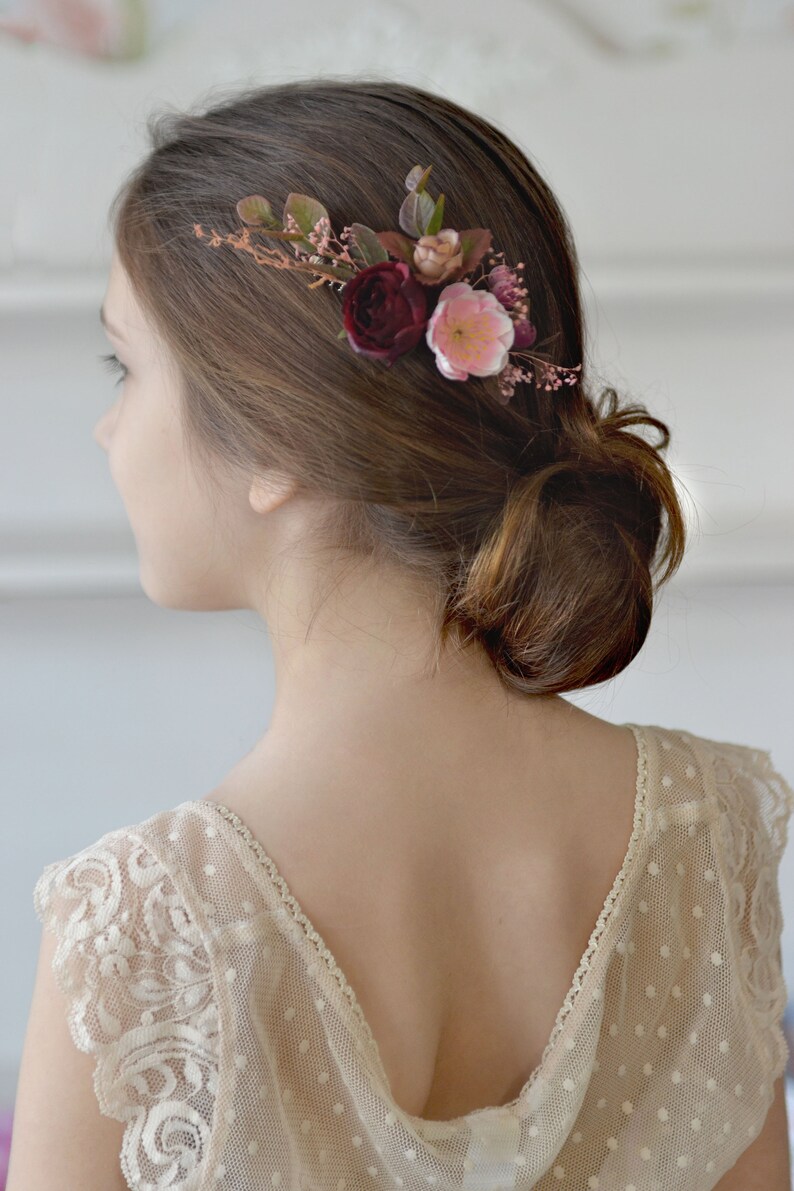Pink Burgundy Flower Comb Floral Hair Piece Spring Flower Etsy