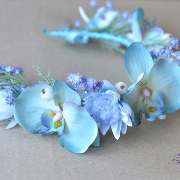 Light blue Bridal crown wedding flower crown Orchid hair Wreath Bridal floral headpiece Blue floral crown Orchids hair beach crown wreath