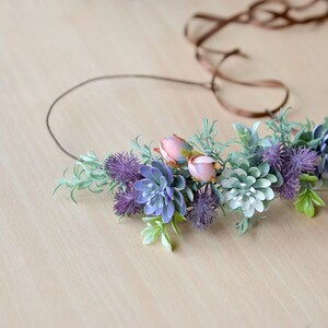 Green Purple Succulent crown Woodland hairband Succulent hair comb crown Set wedding greenery hair piece Succulent wedding crown bride image 2