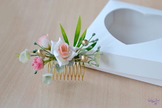 White Peach flower comb hair Silk Flowers hair piece Wedding flowers hair comb Peach rose hair comb Bridal accessory hair