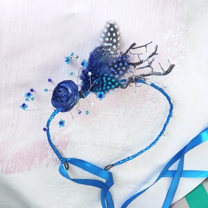 Blue feather crown rustic head wreath branches head piece fairy woodland crown bridal forest hair accessory blue headband Boho image 7