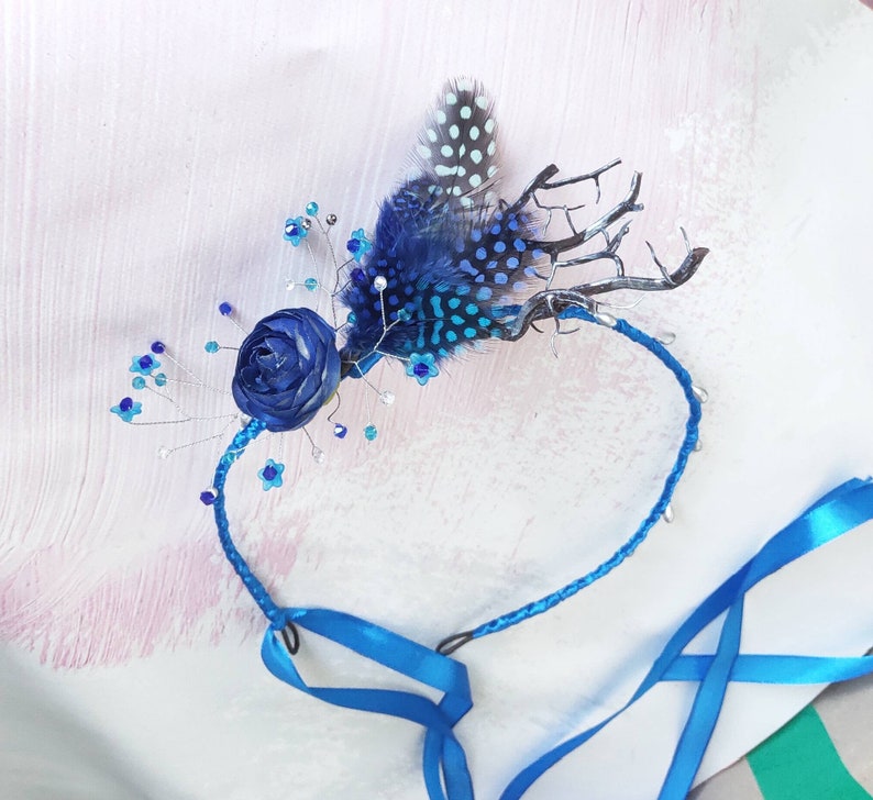 Blue feather crown rustic head wreath branches head piece fairy woodland crown bridal forest hair accessory blue headband Boho image 7