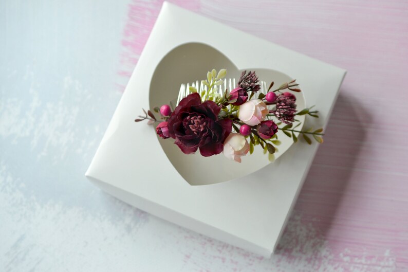 Burgundy flower hair comb Bride hair flower Wedding head piece Burgundy blush floral hair clip Bride flower comb wine red flower hair