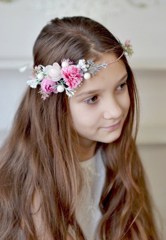 Little Girl Crown Flower Girl Headband Pink Cream Floral Crown Toddler Flower Crown Baby Wedding Crown