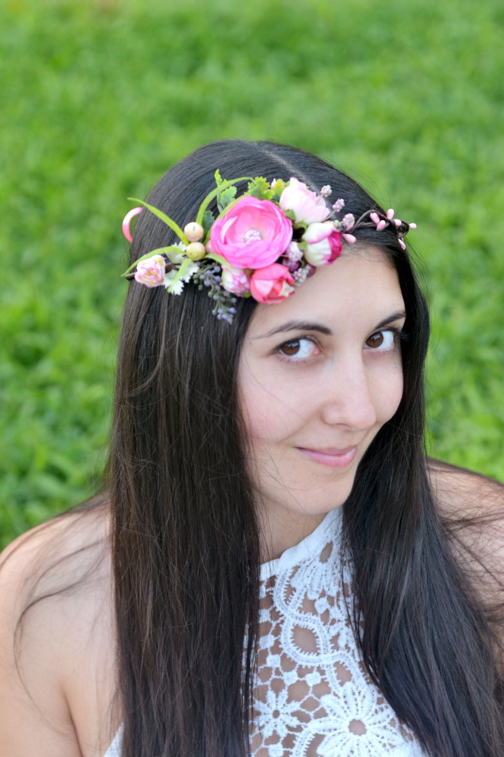 Bridal Floral Crown Pink Flower Crown Boho Flower Girl Berries Etsy