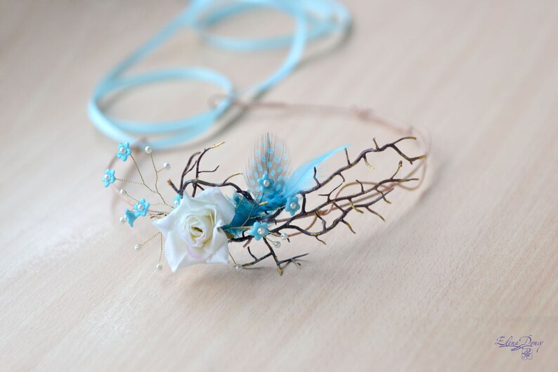 Blue feather crown rustic head wreath branches head piece fairy woodland crown bridal forest hair accessory blue headband Boho image 2