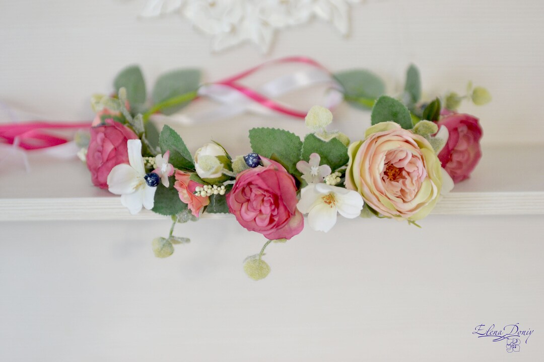 Hot Pink White Crown Flower Girl Floral Headband Wedding Boho Bride ...