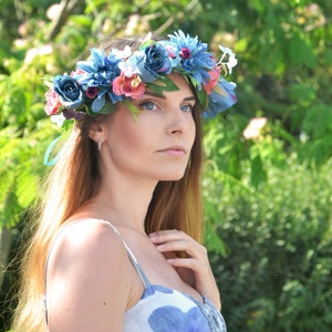 Blue flower crown Large floral hair wreath Blue purple crown Boho wedding crown Bride floral headband Boho crown adult image 5