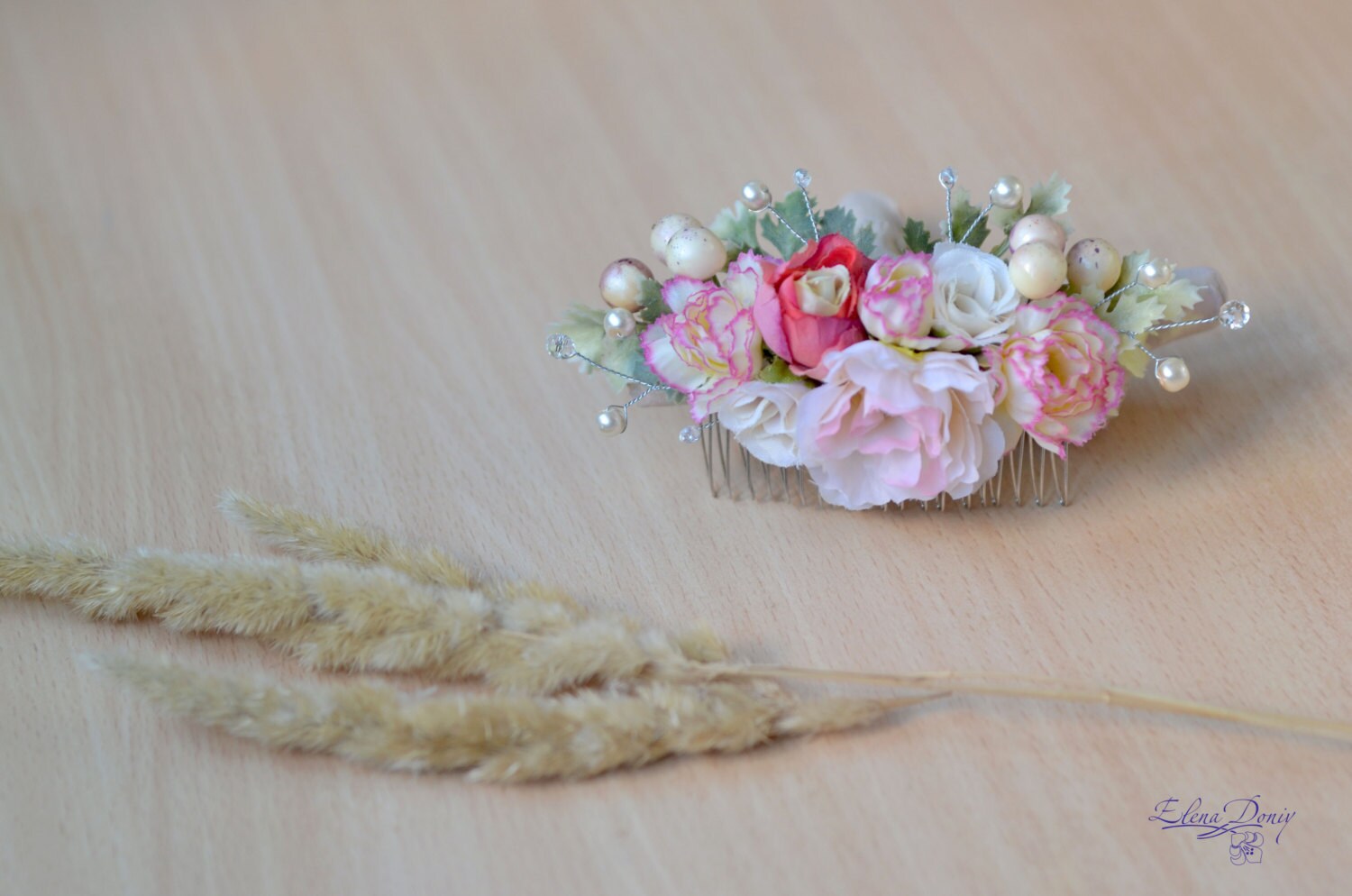 Flower comb Pink bridal headpiece Boho wedding floral comb Etsy