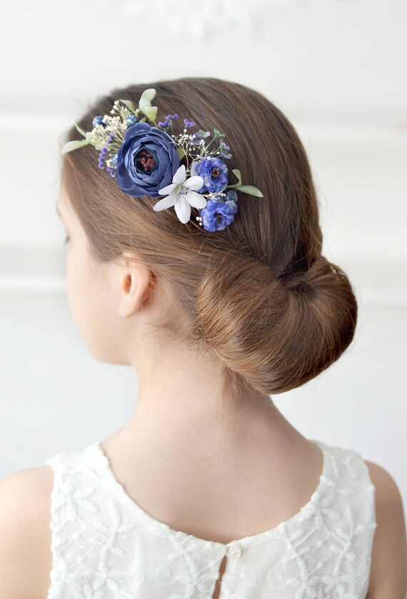 White blue floral hair comb Bridal headpiece Blue flower comb Bridesmaids Rustic wedding hair piece Woodland hair comb lagurus