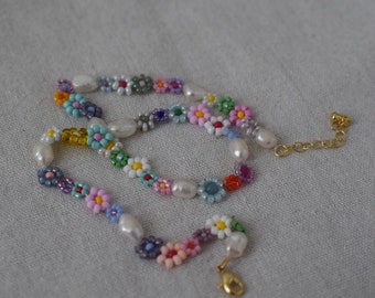 Colorful Daisy beaded necklace with freshwater pearls