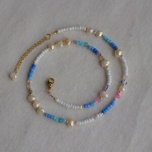 Colorful beaded pearl collar choker necklace | Pearl and bead necklace | summer surf necklace.beach necklace|Blue and Pink Beaded Necklace