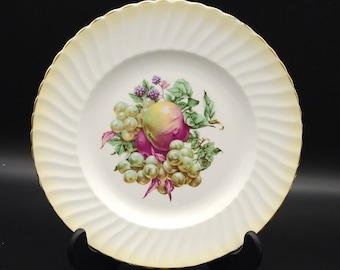 Vintage Melba Pastel Yellow Rim Fruit Center Plate, Vintage Melba Grape & Apple Leaf Dinner Plate, Melba Bone China Made in England Plate