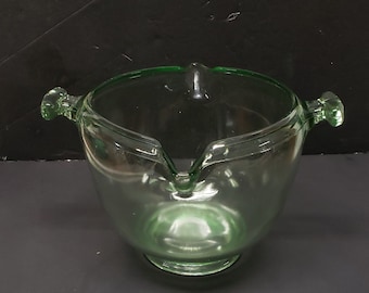 VTG Tufglas Large Mixing Bowl green Uranium glass double spout handle  depression