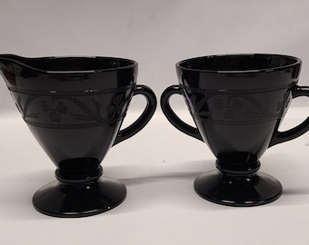 Vintage Schwarzes Kleeblatt Depression Glas Zucker & Milchkännchen, Schwarze Kleeblatt Creme und Zucker, Schwarze Depression Küchengeschirr, Schwarze Party Dekor
