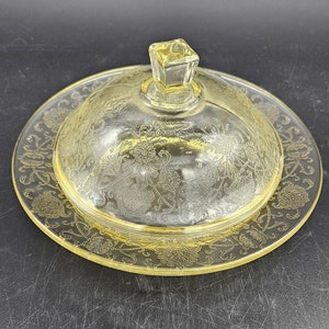 Yellow Florentine 2 Round Covered Butter Dish by Hazel Atlas 1930 Yellow Depression Glass Floral Scroll Design Vintage Kitchenware Glassware
