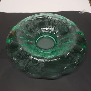 Vintage Green Peacock & Wild Rose Rolled Edge Console Bowl by Paden City Glass 1920s 1930s Green Depression Glass