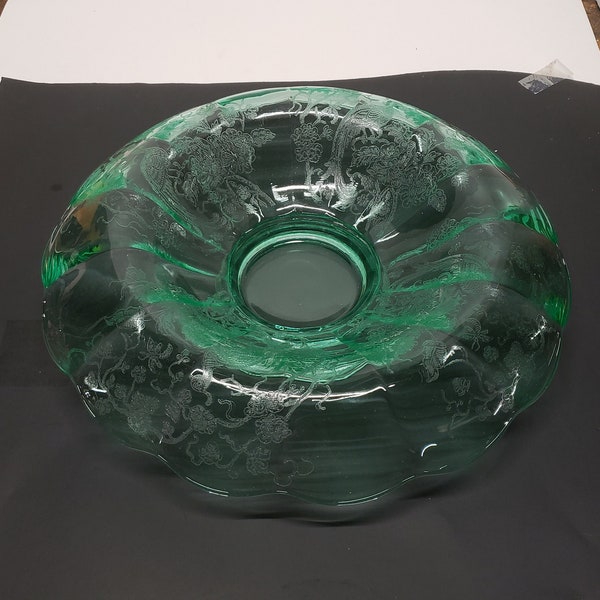 Vintage Green Peacock & Wild Rose Rolled Edge Console Bowl by Paden City Glass 1920s 1930s Green Depression Glass