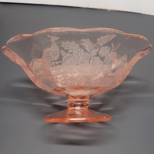 Pink Peacock & Wild Rose Footed Bowl by Paden City 1930&#39;s, Peacock Wild Rose Center Piece, Rare Pink Depression Glass Collectible Bowl
