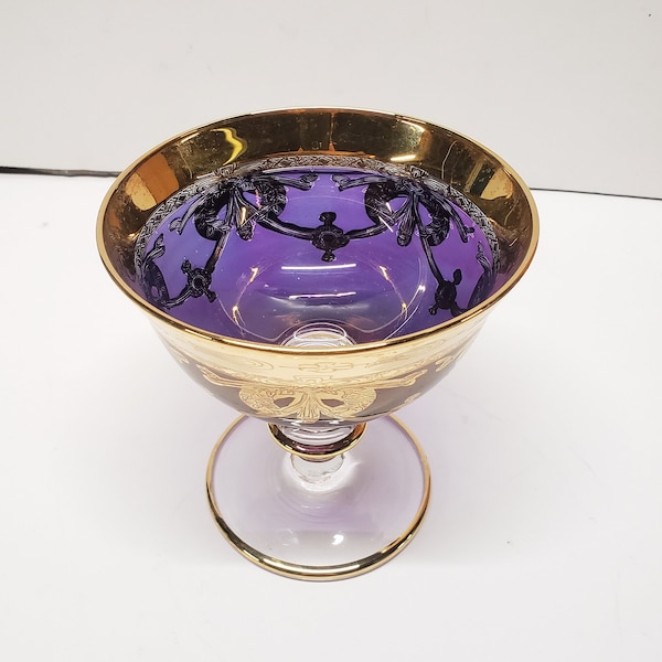 Vintage Cristallerie Italy 24K Gold Gilt Plum Purple Crystal 4 3/4" Footed Dessert or Sherbet Dish Glass