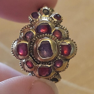May include: A gold-toned, floral-shaped ring with multiple red gemstones. The ring's design features a central, larger gemstone surrounded by smaller stones, creating a flower-like pattern. The ring is held between fingers.