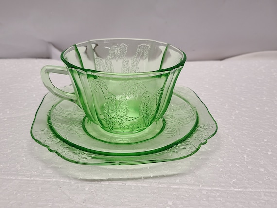 Green Parrot Depression Glass Cup and Saucer Set 