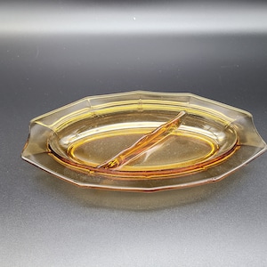 Amber cambridge 2 part relish dish 8 1/2 x 3 3/4&quot;