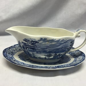 Staffordshire Liberty blue gravy boat w/underplate.