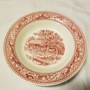 Memory lane pink 8 1/2 inch rimmed soup bowl with country scenes