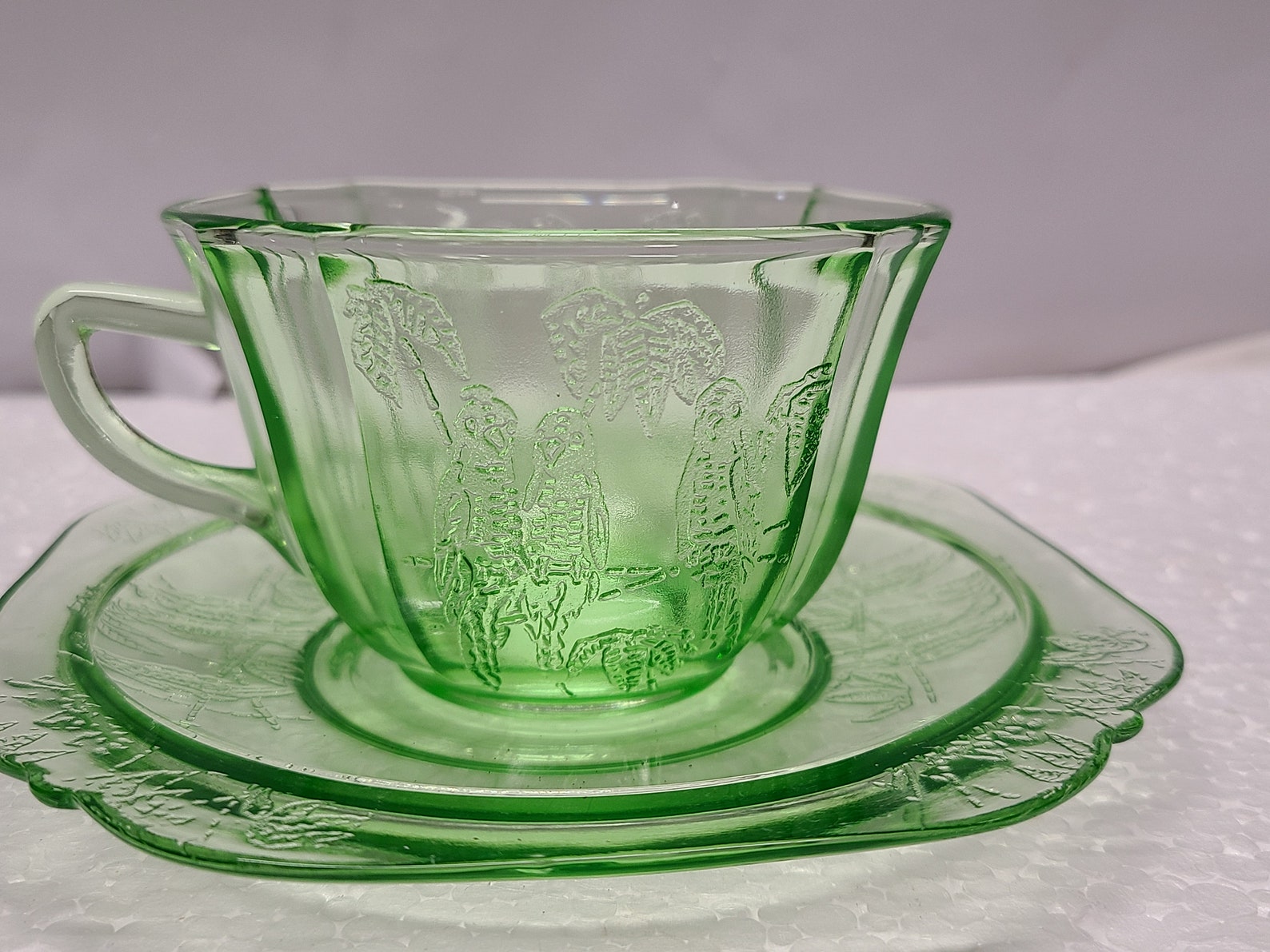 Green Parrot Depression glass Cup and saucer set Etsy