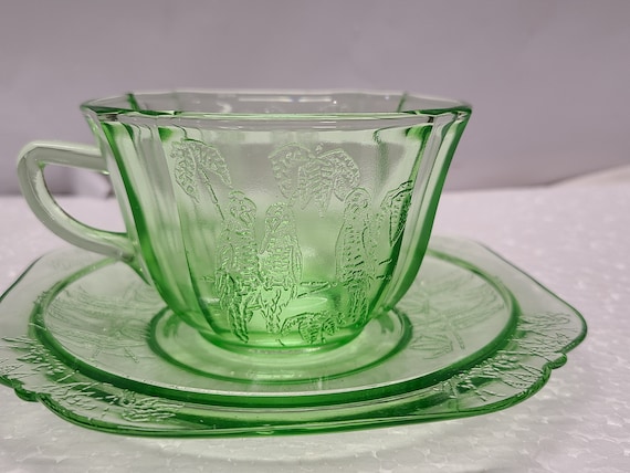 Green Parrot Depression glass Cup and saucer set