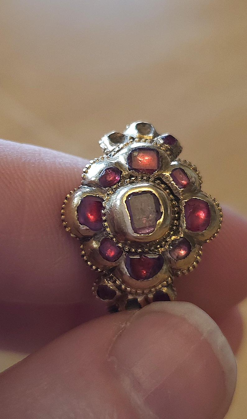 May include: A gold-toned ring with a floral design, featuring a central stone and surrounding red gemstones. The ring's intricate details and the contrast of colors create a striking visual appeal. A piece of jewelry.