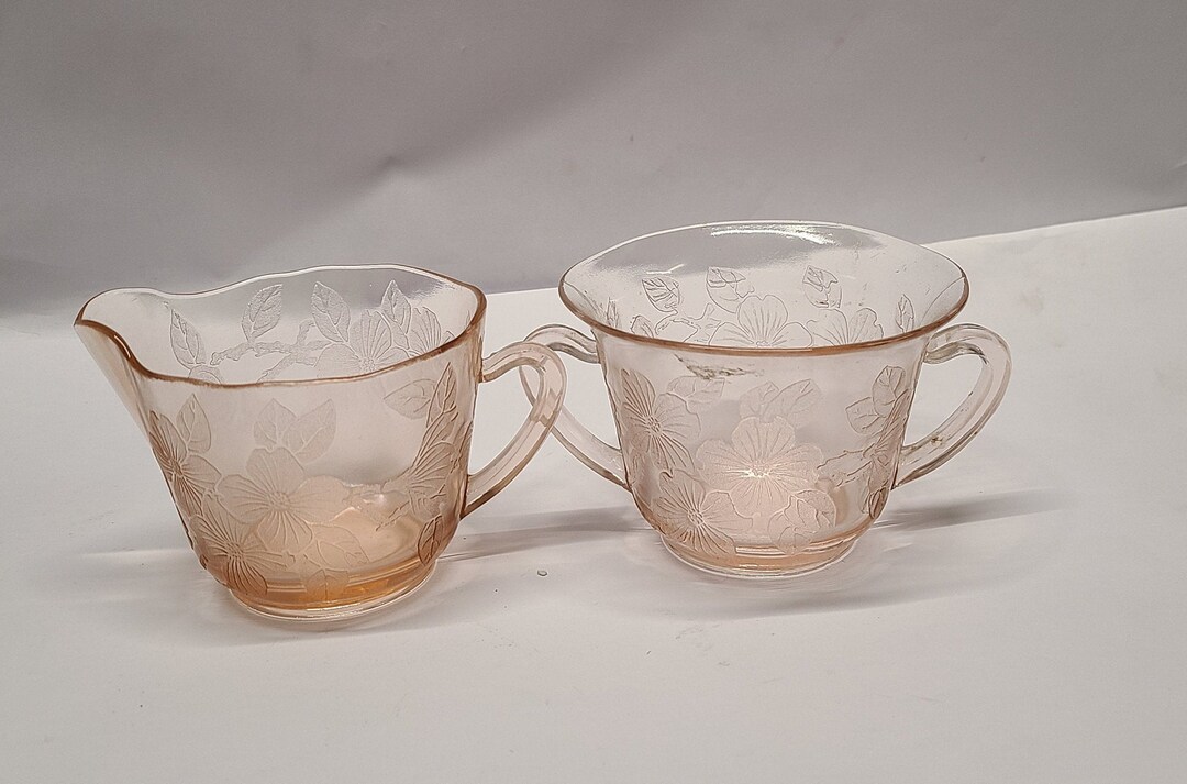 Pink Dogwood Depression Glass Creamer and Sugar Bowl Thin Etsy