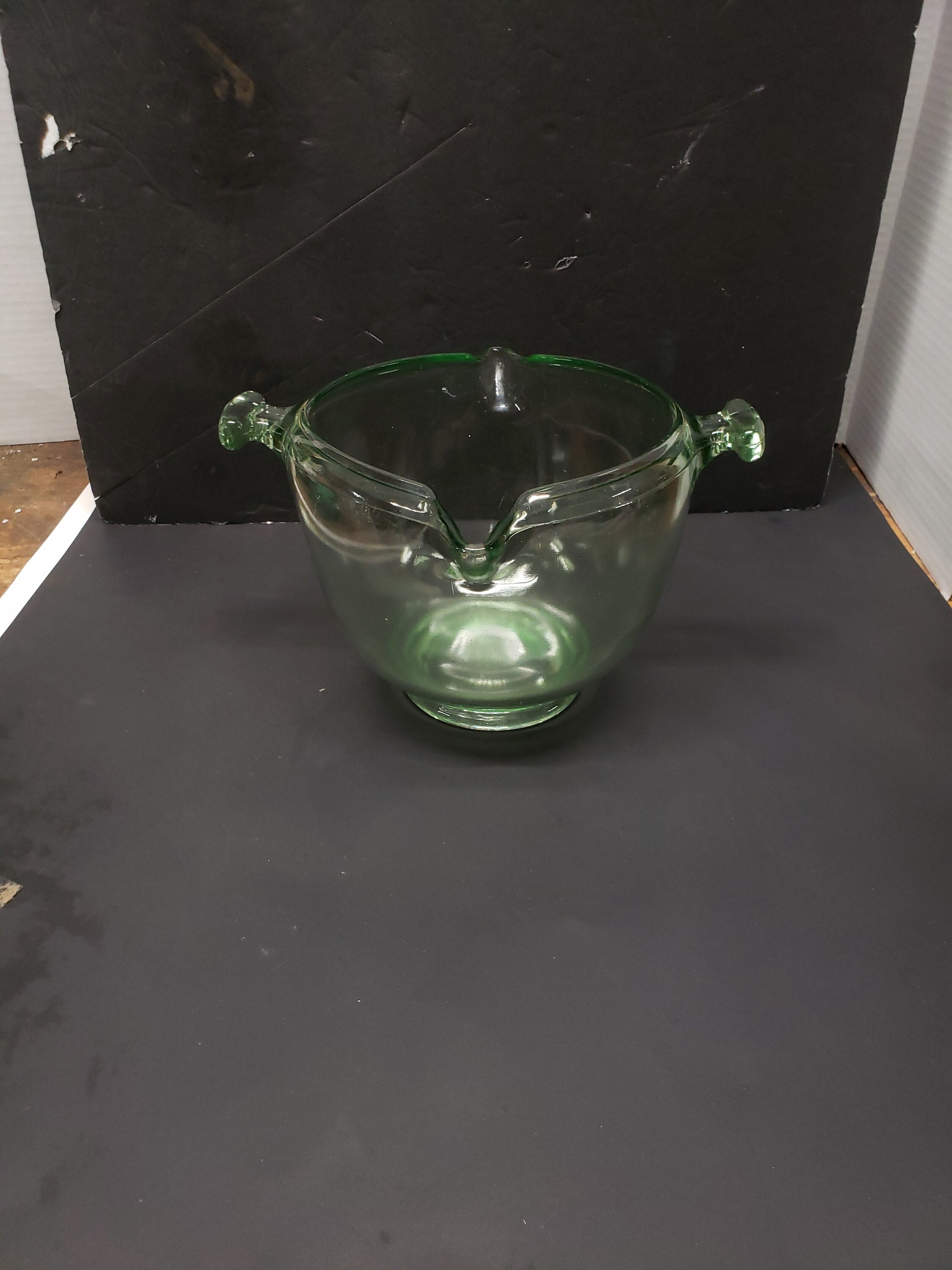 USA Glass Vaseline Green Handled Batter Mixing Bowl D & B Uranium Glass  1930's