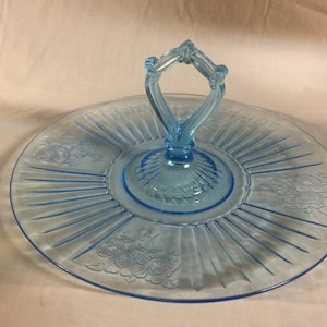 Blue Mayfair Open rose  Sandwich server with handle Depressoin glass