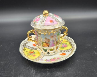 Antique Pink yellow floral courting scene trembleuse VON SCHIERHOLZ Quatrefoil Cup w/ cover saucer