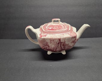 Tetera Johnson Brothers bros. Old Britain Castles Red Coffee de 4 tazas con logotipo verde.