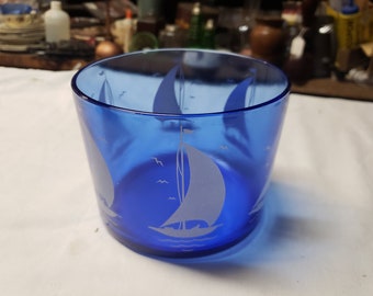 Vintage Cobalt blue sportsman series Sailboat ice bucket