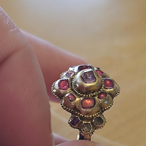 May include: A gold-toned ring with a cluster of red gemstones. The ring's design features a central, larger stone surrounded by smaller gems, creating a floral or starburst pattern. The ring is held up by a finger.