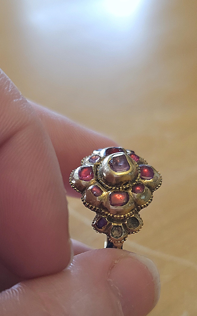 May include: A gold-toned ring with a cluster of red gemstones. The ring's design features a central, larger stone surrounded by smaller gems, creating a floral or starburst pattern. The ring is held up by a finger.