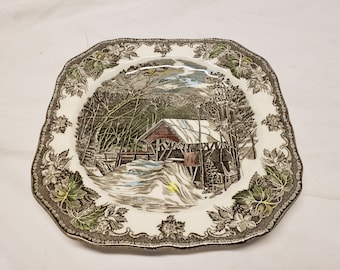 Johnson Bros Friendly Village covered bridge square salad plate 7 1/2"  with Brown logo.