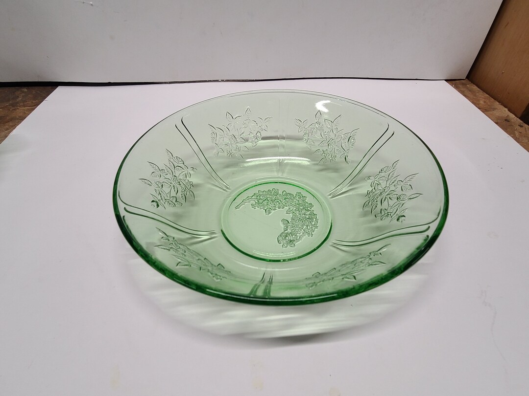 Green Sharon Cabbage Rose Depression Glass Bowl 8 1/2 Inch Etsy