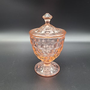 Pink cube depression glass  covered candy dish 6&quot;