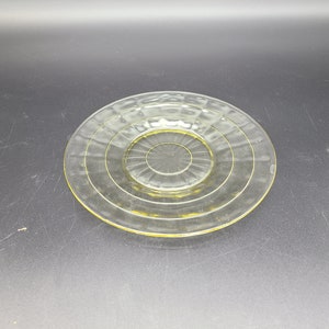 Può includere: Un piatto di vetro trasparente tinto di giallo con creste circolari concentriche. Il piatto ha un'area centrale leggermente rialzata con linee radiali e un bordo esterno strutturato. Il piatto è rotondo.