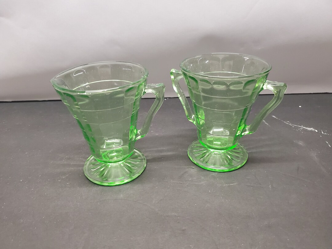 Green Block Optic Depression Glass Creamer and Sugar Set Etsy