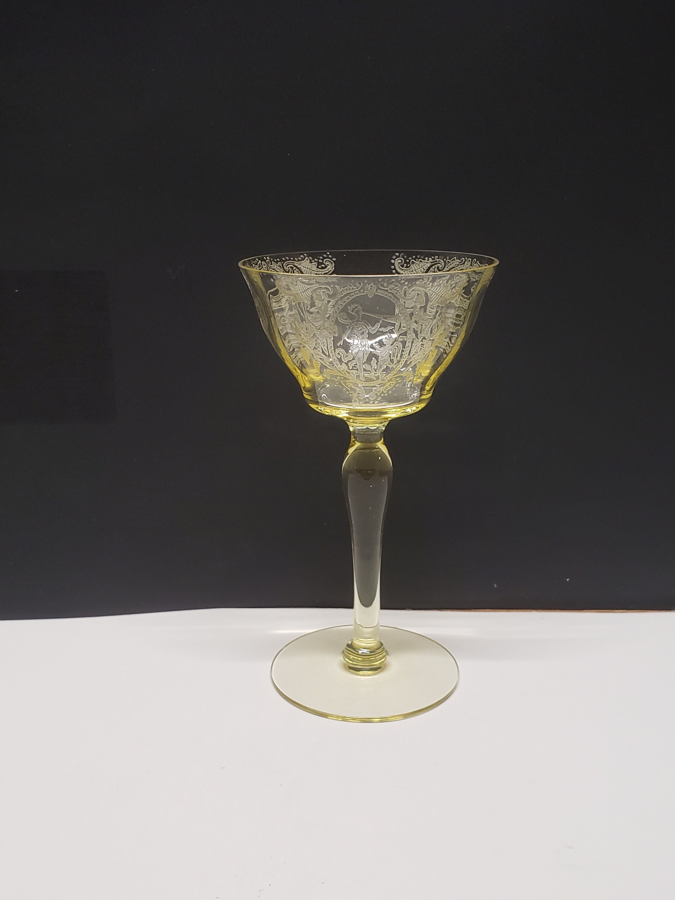 Vintage Tiffin Lotus Springtime Etch Yellow Cordial Goblet, Cupid