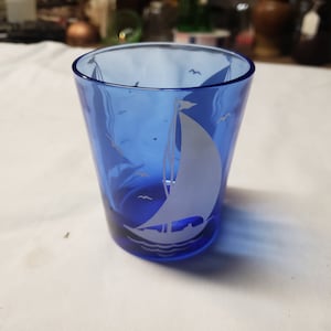 Vintage Cobalt blue sportsman series Sailboat 6oz Old fashion tumbler 3 1/4&quot;