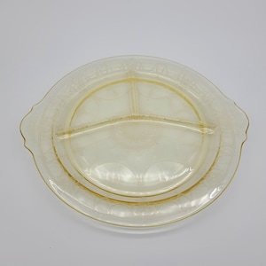 Yellow Topaz Princess Depression glass grill plates with handle