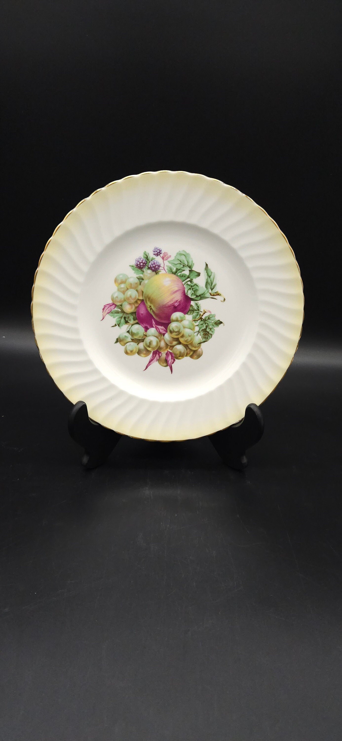 Vintage Melba Pastel Yellow Rim Fruit Center Plate, Vintage Melba Grape & Apple Leaf Dinner Plate, Melba Bone China Made in England Plate